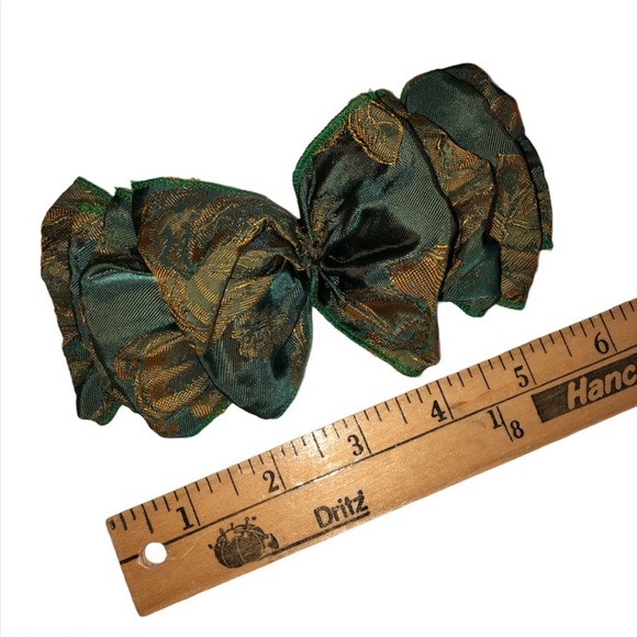 Handmade Big Hair Bow Asian Print Green Gold Metal Clip Barrette Vintage Persian - Picture 6 of 10